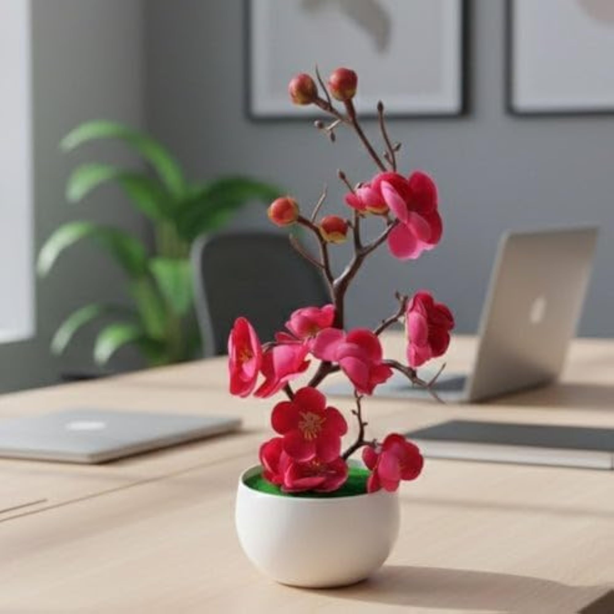 Pink Red Blossoms Artificial Flower Plant with White Pot
