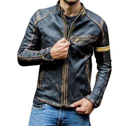 Veste en cuir pour homme XXL blouson d'hiver noir coupe ajustée avec col montant chic