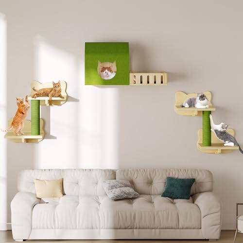 Image of DWVO Cat Wall Shelves and Perches for Wall, Solid Wood Wall Mounted Cat Furniture, Set of 7 Cats Climbing Shelves for Large Cats with Green Wall House and Fence, Steps, Scratching Posts