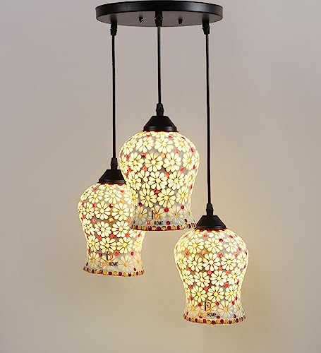 Image of DECOHOME Morrocan Hanging Mosaic Lights Glass Pendant Lamps Set of 3 | Vintage Bohemian Ceiling Hanging Ceramic Colorful Lights for Living Room, Bedroom, Balcony & Cafe | Warm Ambient (Yellow-Red)