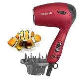 Reisefön Klein Klappbar Haartrockner Reise mit Diffusor Fön Haarfön mit Magnet Fisch (Sportfön, 1200 Watt, 2 Stufen, Aufhängeöse, inkl Reisetasche, Rot)