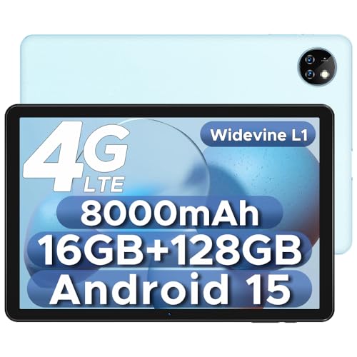 DOOGEE T10W 10 Inch Tablet Android 15, 8000mAh Long-lasting Battery, 16GB ROM + 128GB ROM (2TB Expandable), 4G LTE Tablet with SIM Card Slot, Face Unlock, USB Type-C, 5GHz WiFi, GPS (Blue)
