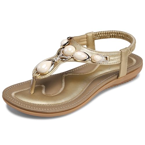 Image of SHIBEVER Dressy Flat Women Sandals: Comfortable Summer Thong Flats Sandal | Arch Support Walking Ankle Strap Dress Rhinestone Bling Womens Sandal - All Day Comfort Casual Beach Boho Women's Shoes
