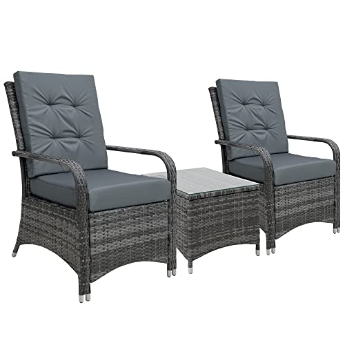 Outsunny 3 Pieces Rattan Bistro Set with Furniture Cover, Wicker Garden Furniture Set, Glass Top Coffee Table and Chairs with Cushions for Outdoor, Patio, Balcony, Grey