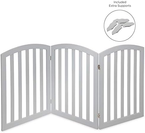 Arf Pets Free Standing Wood Dog Gate, Expands Up to 74" Wide, 31.5" Tall - Bonus Set of Foot Supporters Included – Grey Color