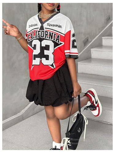 Floerns Girl's Number Jersey Print Shirts V Neck Short Sleeve Oversized Tee Tops3