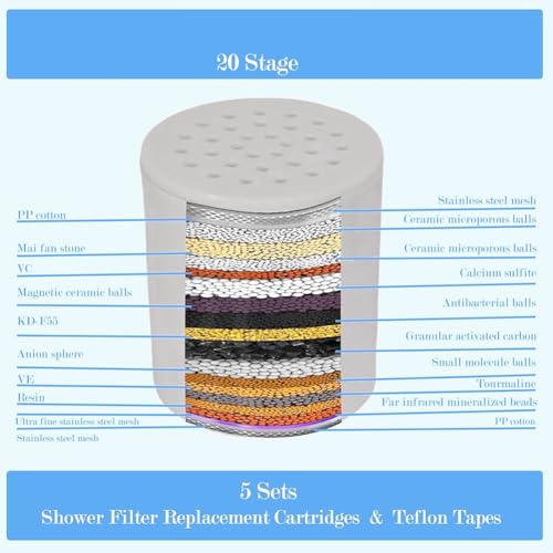 Filtre de douche calcaire solution eau dure avec 5 rechanges de cartouche 20 étapes blanc