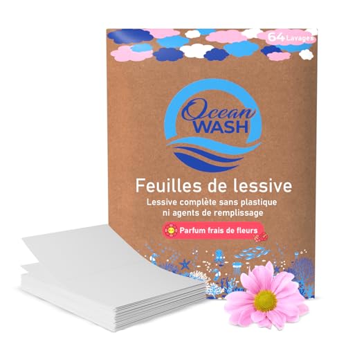 OceanWash Feuilles de lessive parfumées florales, feuilles de lavage pour tous les textiles et couleurs, lingettes biodégradables, Laundry Detergent Sheets Lessive complète, 64 lavages