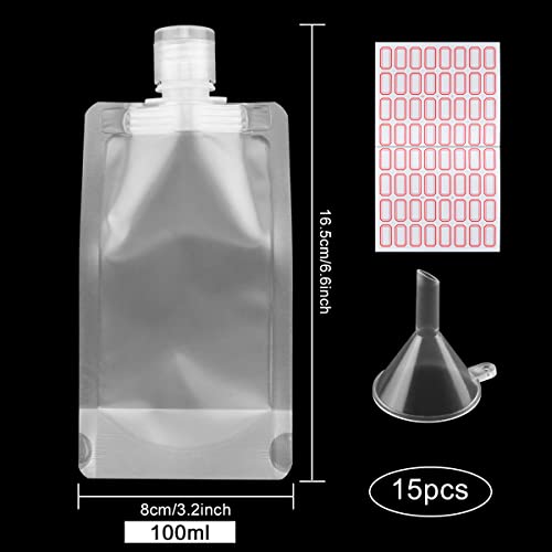 Refillable Squeeze Pouch 15PCS Clear Travel Shampoo Squeezable Bags 100ML Travel Containers Kitsch Travel Set Stand Up Pouch for Toiletry Lotion Shower Gel Mouthwash Leakproof Cosmetic Containers
