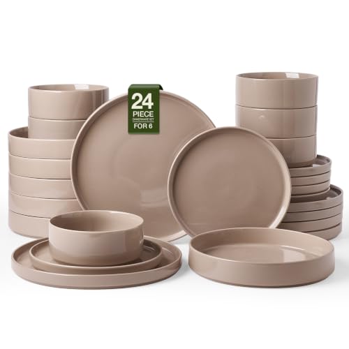 Image of Famiware Nebula Dinnerware Set, 24-Piece Stoneware Plates and Bowls with Pasta Bowls, Service for 6, Microwave & Dishwasher Safe, Cinnamon Brown