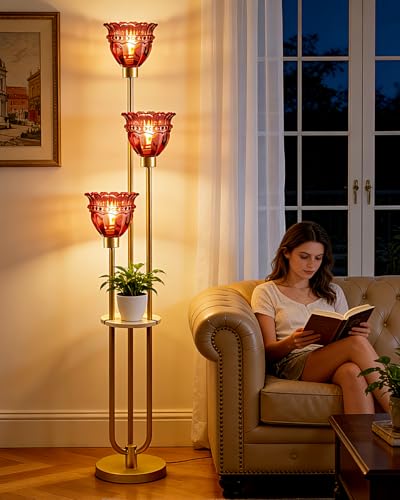 Image of Lightdot Glass Floor Lamp with 5Lbs Heavy Base for Living Room Modern Gold Floor Lamp with Rose Red Glass Shade & 3000K Bulbs Included Tall Standing Lamp with Foot Switch for Sofa Beside /Corner Decor
