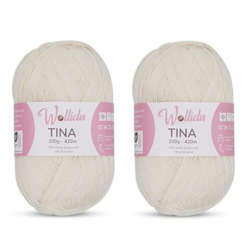 Wollidu Tina Strumpfwolle/Sockengarn 4-fädig 2er Set – 75% Wolle 25% Polyamid – 100g/420m – Nadelstärke 2–3 mm – uni Sockenwolle – Farbe Naturweiß
