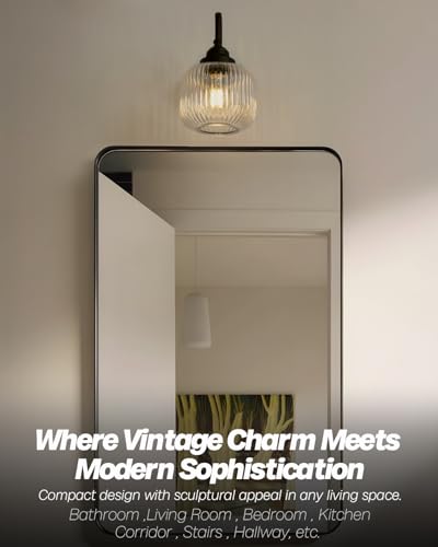 Image of Vintage Industrial Wall Sconce Lighting with Clear Striped Glass Shade, Hardwired Wall Vanity Light Fixture for Bathroom Kitchen Living Room Bedroom Hallway