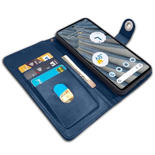 Image of Pikkme Google Pixel 7A Flip Cover Leather Finish | Inside TPU with Card Pockets | Wallet Stand and Shock Proof | Complete Protection Button Flip Case (Blue)