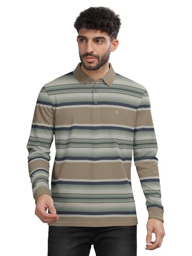 Image of BULLMER Striped Textured Printed Polo Neck Fullsleeve T-Shirt with Rib for Men