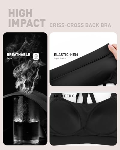 RUNNING GIRL High Impact Sports Bras for Women - Scoop Neck Strappy Sports Bra High Support Moulded Cup Workout Bra(WX3022 Black M)