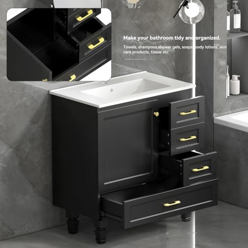 Image of KEIKI 30 inch Bathroom Vanity with Sink, Wood Cabinet with 1 Soft-Close Door & 3 Drawers, Modern Transitional Sink Cabinet for Home Bathroom, Black