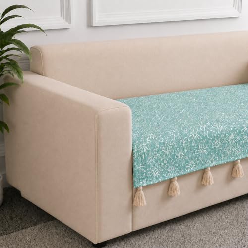Image of STITCHNEST 'Verdant Phool Stories' 1 Seater Sofa Cover| Elegant Jacquard Fabric, Decorative Tassels, Washable & Durable for Modern Living