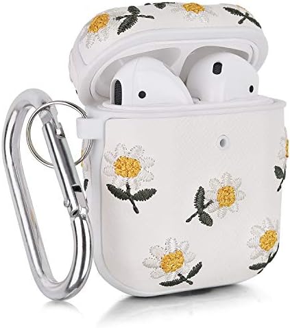 Airpods Case, V-MORO Embroidered Leather Airpod Case Cover for Airpods 2 & 1[Front LED Visible] Protective Cover Skin Girls Women, Support Wireless Charging (Daisy)