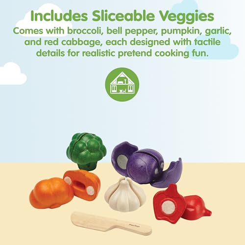 Image of PlanToys 5 Wooden, Colorful Vegetable (Veggie) Food Playset (3431) | Sustainably Made from Rubberwood and Non-Toxic Paints and Dyes.