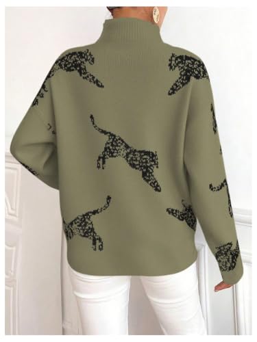 Image of WDIRARA Women's Leopard Tiger Print Sweater High Neck Long Sleeve Fuzzy Knitted Pullover Top