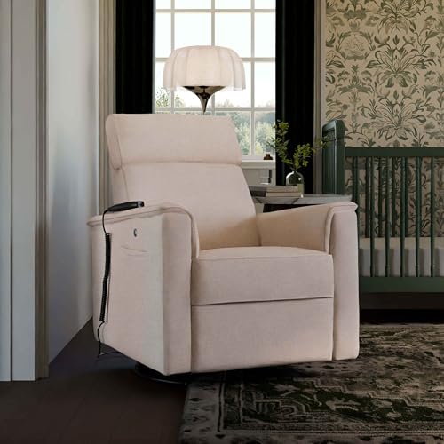 Image of Namesake Willa Deluxe Power Recliner Glider, Performance Beach Eco-Weave | GREENGUARD Certified Recliner w / 270 Swivel - Built-in USB Charging Port w / Heat & Massage - Water & Stain Resistant Fabric