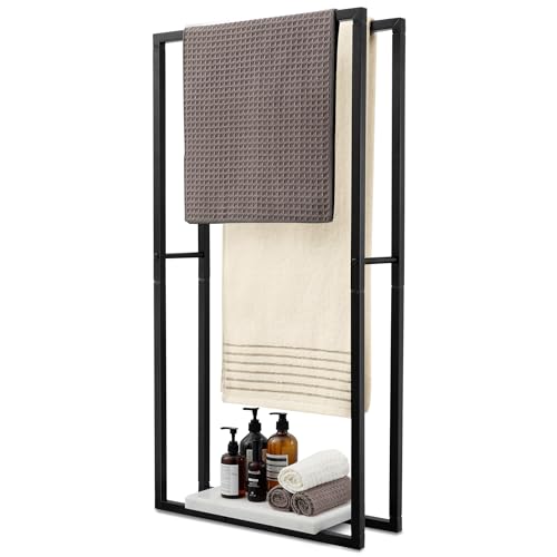 KES Free Standing Towel Rail with Marble Base 97CM, Bathroom Towel Rack 2 Tier Towel Holder Towel Stand Matte Black, BTH502-BK