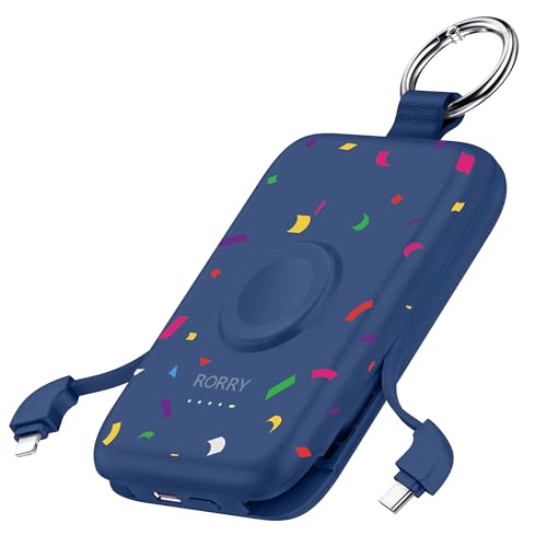 RORRY CharmGo Portable Charger, 10000mAh 20W Fast Charging Portable Charger Power Bank with Built in Cables, Travel Battery Pack for iPhone 17/16/15/14/13/12 and Apple Watch, Confetti-Deepblue