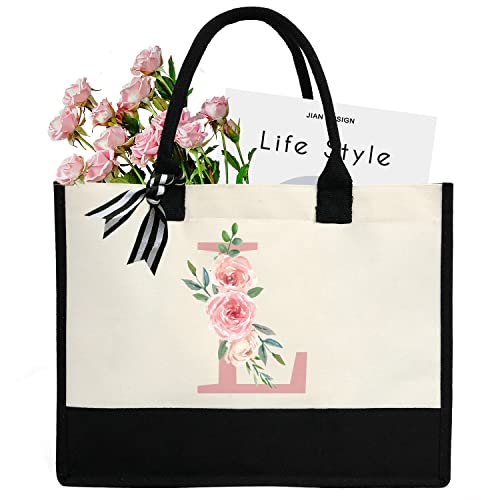 DEEZOMO Initial Canvas Tote Bag for Women, Beach Bag with Inner Zipper Pocket Personalized Gifts for Wedding, Birthday - Pink(L)