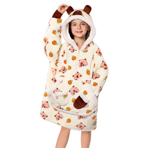 OLAOLA Capybara Wearable Blanket Hoodie Snuggies for Kids Oversized Animal Hooded Blanket Throw Comfy Sweatshirt Blanket Hoodie Sherpa Fleece Snuggy with Pockets & Sleeves for Christmas Gifts