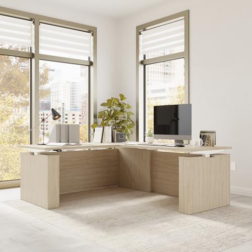 Image of Bush Business Furniture 72-inch Electric Height Adjustable L Shaped Standing Desk, Ergonomic Sit-Stand Computer Table for Office, Stratus Collection, Natural Elm with White Base