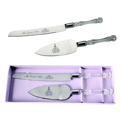 Lassos Boutique Mis Quince Años Quinceanera Cake Serving and Knife Set, Sweet 15 Birthday Cake Cutting Set. Feliz 15 Anos Decoration, Acrylic Handle, Stainless Steel, Silver (Silver) Cover