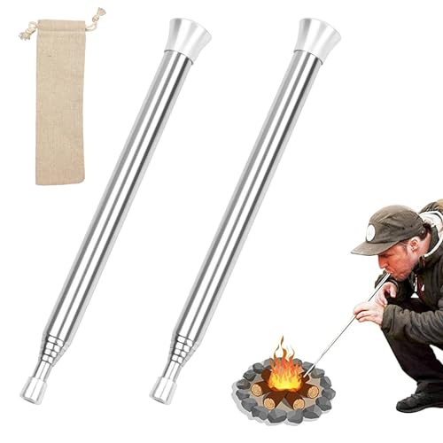 Blow Fire Tube, Blasrohr Feuer, 2 Stück Teleskop Schlag Feuerrohr, Outdoor-Feuerrohr, Feuerblasrohr Tragbares, Blow Fire Tube Edelstahl, Taschen-Feuerbalg für Outdoor Wandern Camping Picknick Grill