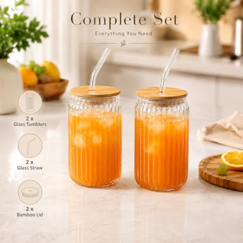 Image of Drinking Ribbed Glasses Tumbler with Bamboo Lid and Straw (Pack of 2), 400ml Travel Cocktail Glass Sipper Bottle for Juice Boba Iced Tea Coffee Hot Cold Drink Cup