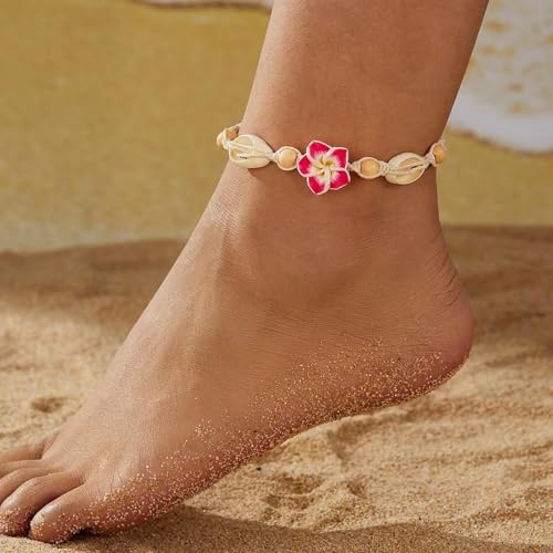 Image of Shell Anklets for Women Shell Beach Jewelry Accessories White Pink Black Flower Ankle Bracelet Summer Vacation Dress Outfits