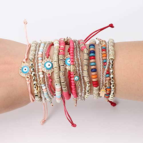 Budsmile 8 Sets Stretch Bohemian Eye Bracelets For Women Girls Gifts Multilayer Colorful Beads Bracelet Friends Gifts Handmade Charm Jewelry(8Set-E) #TOP3