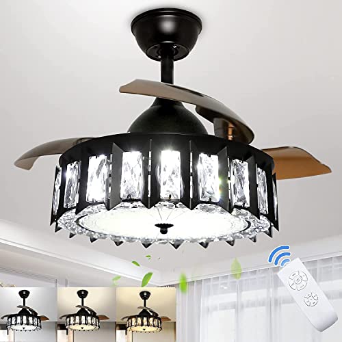 Depuley 42" Crystal Ceiling Fan With Lights, Industrial Ceiling Fan With Remote, 36W Black Ceiling Fans Light Fixture 3-Blade Retractable Led Fan Chandelier For Living Room, 3 Color Changeable, Timing #TOP3