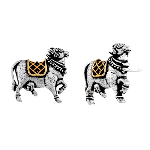 Image of Voylla Qasbah Nandi Oxidised Two Tone Stud Earrings For Women Anti Tarnish Silver Oxidised Earrings Dual Tone Ethnic Casual Daily Style Traditional Jewellery Womens Day Gift For Her Festive Jewellery