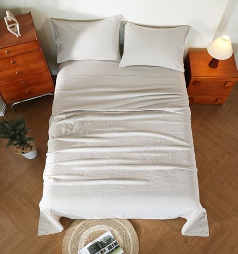 100% French Flax Linen Sheet Set, Bed Sheets Breathable and Durable, 4 Pcs Set - 1 Flat Sheet, 1 Fitted Sheet, 2 Pillowcases, 16 Inch Deep Pocket, All Season (Natural Linen, Queen)