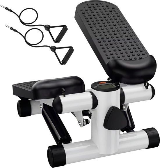 Mini Stepper Fitness con Bande di Resistenza e Schermo LCD - Stepper Scala Compatta ad Altezza Regolabile, Pedali Antiscivolo Carico Massimo 100 Kg, Bianco