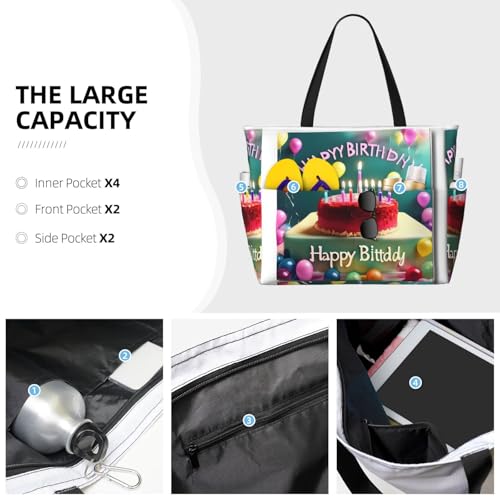 Happy Birthday Beautiful Large capacity beach bag with zipper, perfect for grocery bag pool gym travel shopping foldable beach travel bag,3