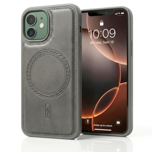 Image of amazon basics Premium PU Leather Case for iPhone 11, MagSafe Compatible Magnetic Ring, Sleek Protective Back Cover - [Gray]