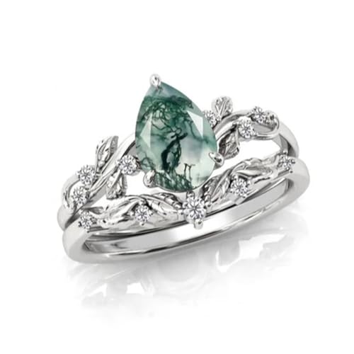 1-4 CT Black Gold Moss Agate Ring Set for Women, 10K 14K 18K Gold Vine Leaf Moss Agate Band Rings Bridal Wedding Ring Sets Gifts for Bride Wife Mother Grandma