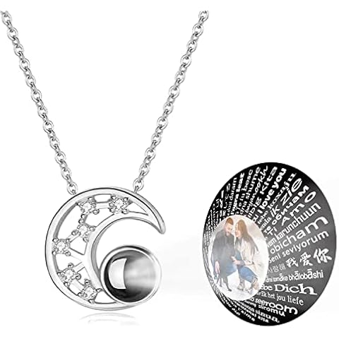 Star Moon Necklace 925 Sterling Silver Custom Photo Projection Pendant Necklace 100 I Love You Language Jewelry Gifts for Women Cover