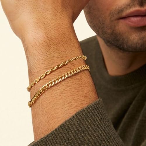 Rankeef GOLD ROPE BRACELET-2038 Gold Bracelets For Men Chain Bracelet For Men Cuban Bracelet Men Gold Rope Chain For Men Gold Bracelet 2Pcs Men'S Bracelets Set thumb #4