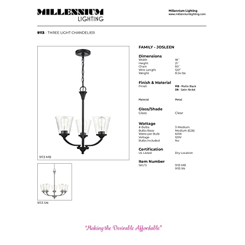Millennium Lighting Josleen 3 Light Chandelier Ceiling Fixture In Matte Black #TOP4