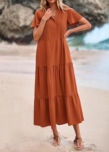 Image of KIRUNDO Summer Maxi Dresses for Women 2026 | Spring Fashion Short Sleeve Tiered Flowy Dress, Button V Neck, Pleated, Loose Fitting, Nursing & Bump Friendly, With Pockets