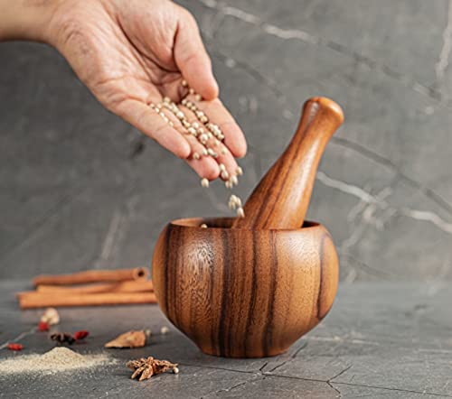 Acacia Wood Mortar & Pestle Set: Pestle Grinder/Crusher For Herbs, Spices And Kitchen Usage Crusher Wooden Guacamole Natural Bowl Cooking Seasoning Grinding Hardwood Set 6 Inch #TOP7