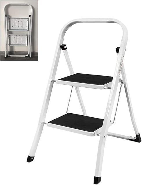 Heavy Duty Steel 2 Step Ladder Portable Compact Folding Metal Stepladder Stool Multi Purpose for Home Garden Warehouse Kitchen Mini Small Stepladder Stable Up to 150kg/330lbs Capacity
