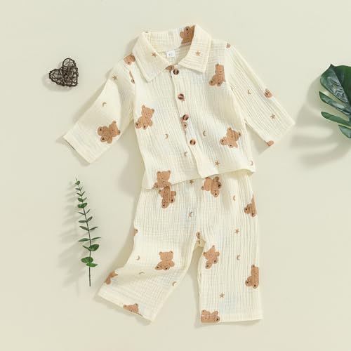 fyclemt Toddler Baby Girl Boy Halloween Pajamas Pumpkin Cotton Linen Long Sleeve Button Down Shirt Top Pants Kids Sleepwear Pjs Set (Beige Moon Bear Print, 18-24 Months)
